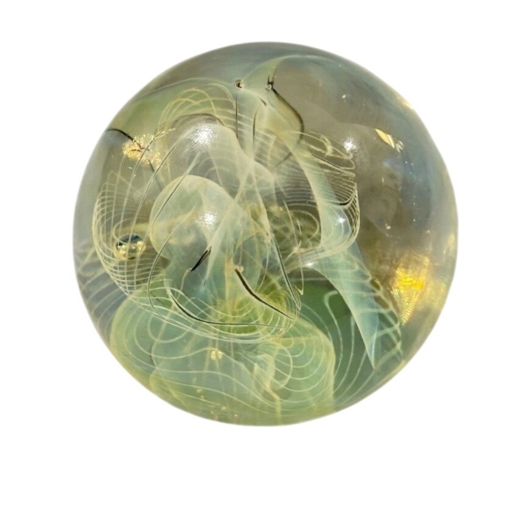 Art Glass Paperweight Signed by Slade 88 Internal Swirl Yellow Green Sphere
